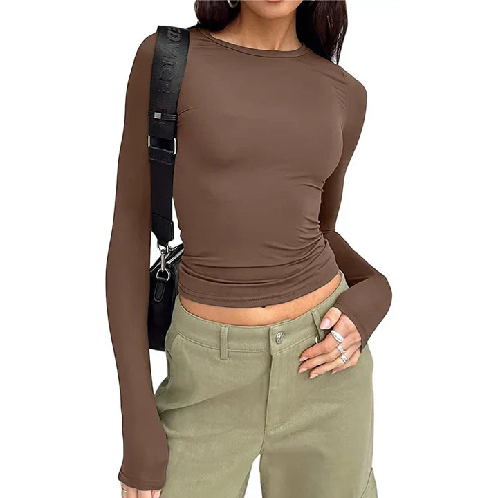 Women's minimalist casual top, brown, long sleeves, crew neck