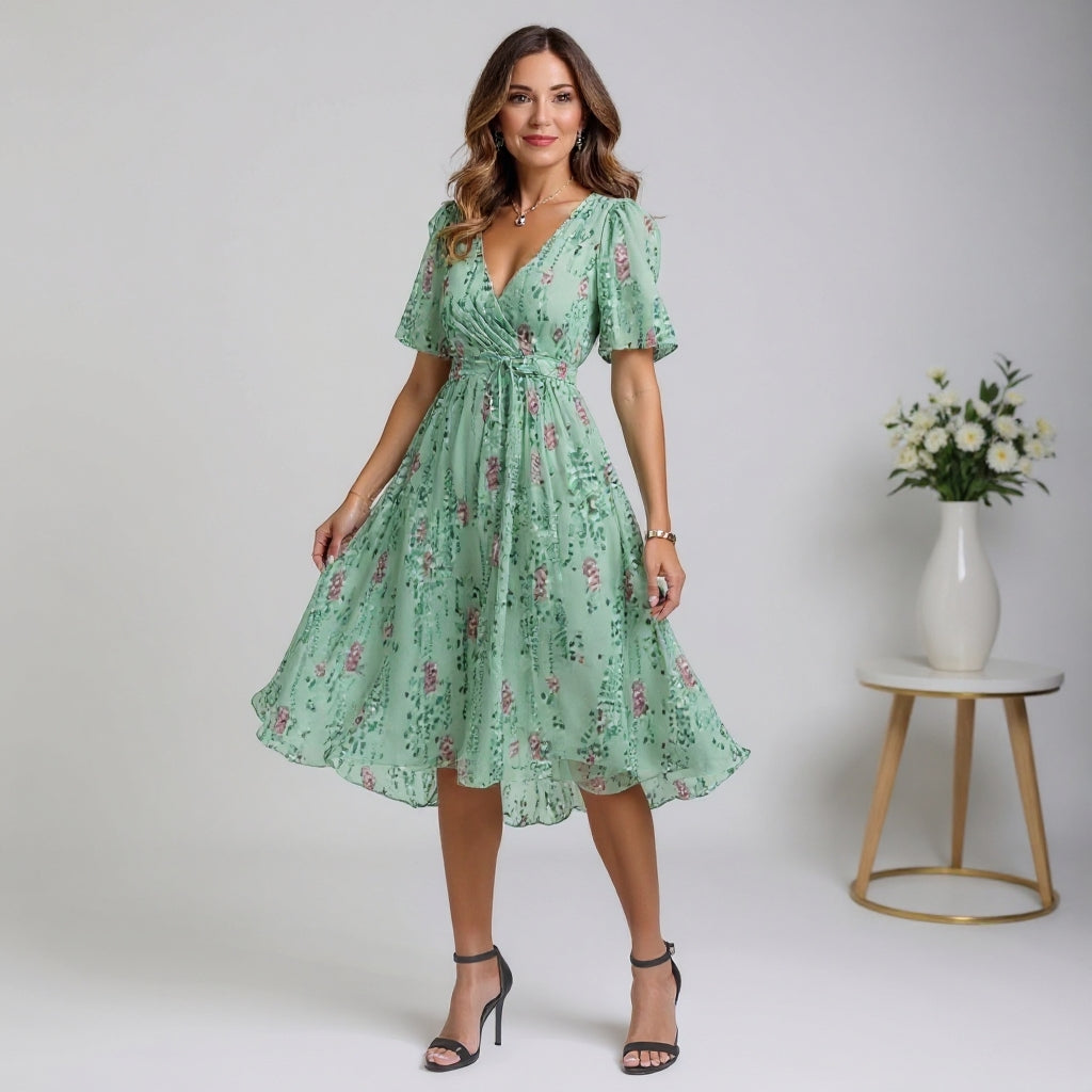 Mint green floral midi dress with V-neck and short flutter sleeves