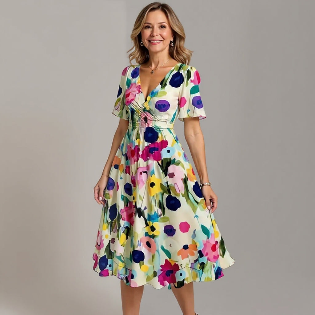Colorful floral print midi dress with V-neck and short puff sleeves