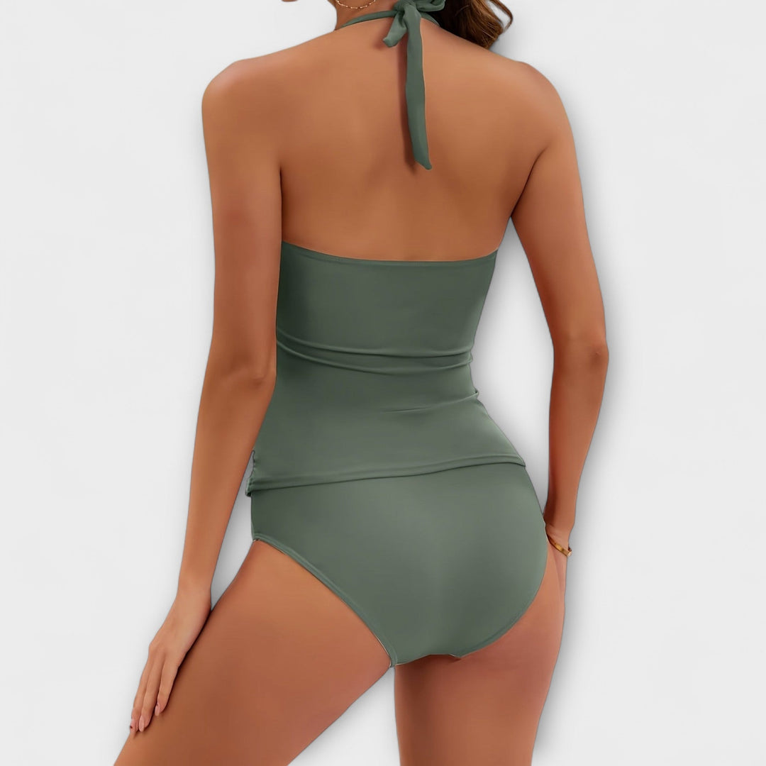 Olive green halter back two-piece swimsuit with gathered waist and high-rise bottoms