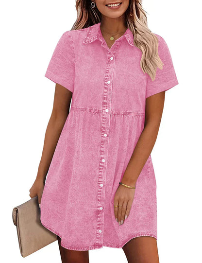 Pink denim shirt dress with button front, short sleeves, tiered skirt