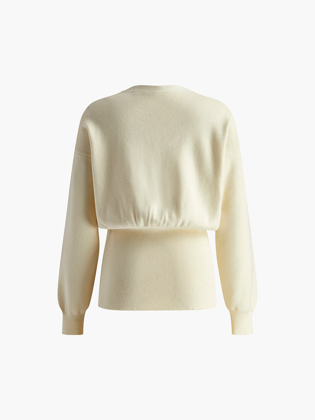 Beige modern cardigan back, crew neck with ribbed hem and long sleeves