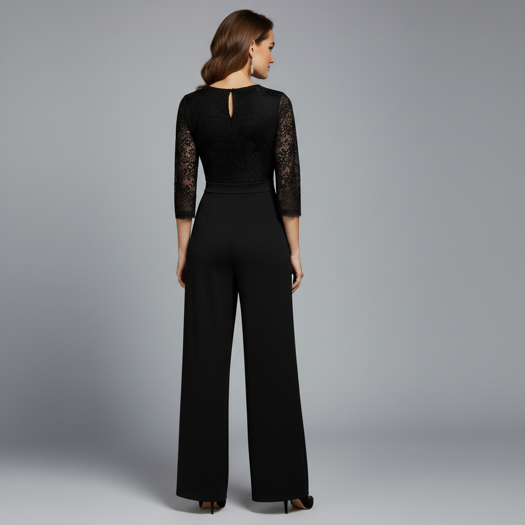 Black lace evening jumpsuit, back view with keyhole at neckline and wide-leg pants
