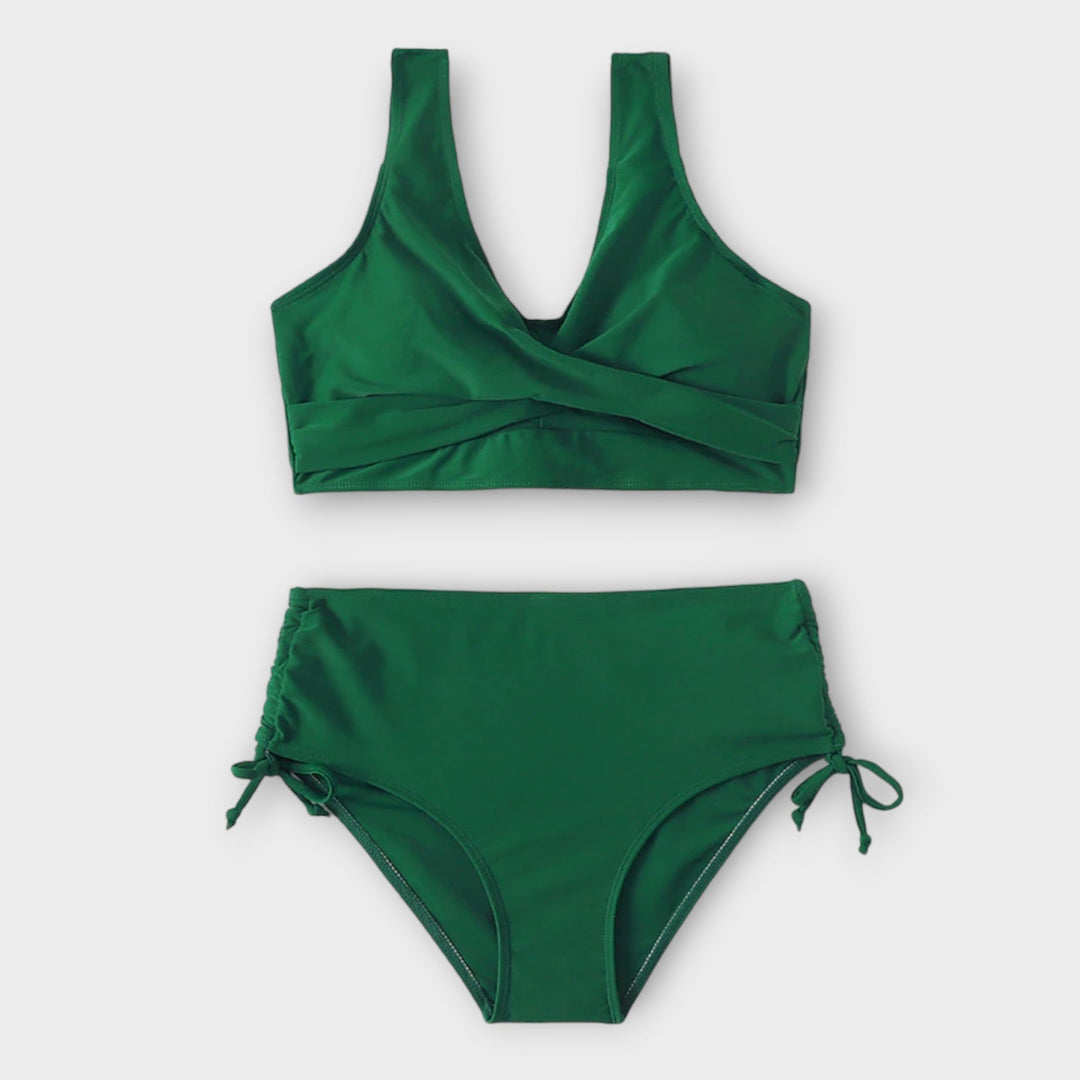 Green wrap bikini top and matching ruched side-tie bikini bottoms, two-piece set