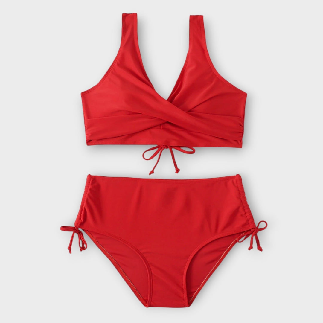 Red wrap bikini top and matching drawstring bikini bottoms, two-piece set