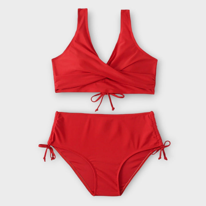 Red wrap bikini top and matching drawstring bikini bottoms, two-piece set