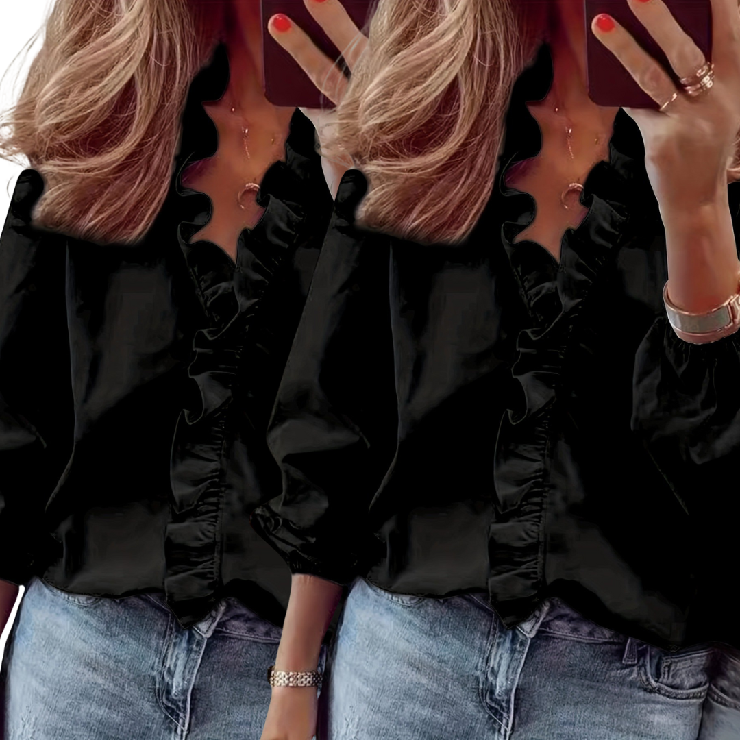 Two black ruffle V-neck blouses with long sleeves; gathered ruffle trim and cuffs