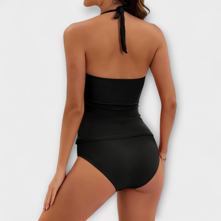 Black halter back two-piece swimsuit with ruched waist and high-rise bikini bottoms