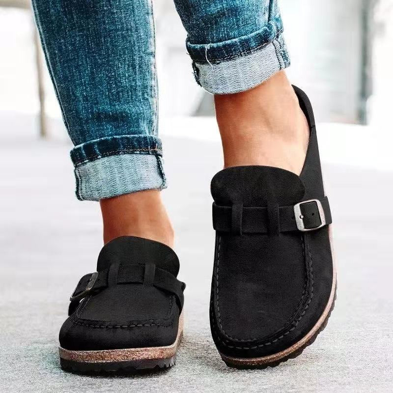 Heidi orthopedic slippers in black suede with strap and silver buckle detail