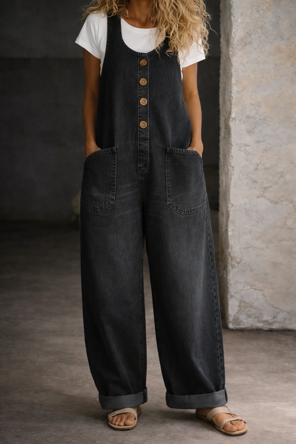 Black washed denim overalls with two front patch pockets and wide relaxed legs