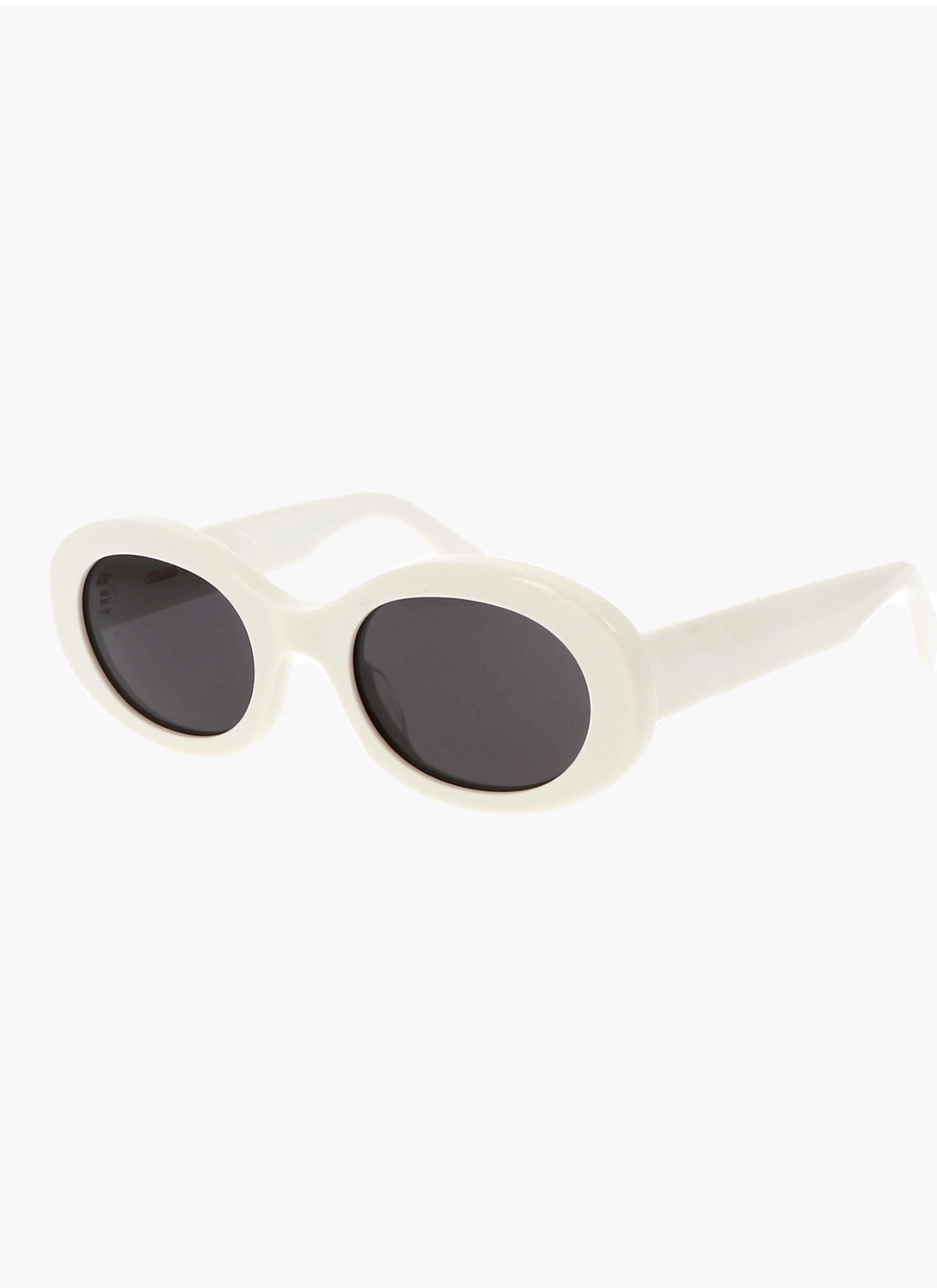 Cream oval cat-eye sunglasses with dark lenses and curved frame arms