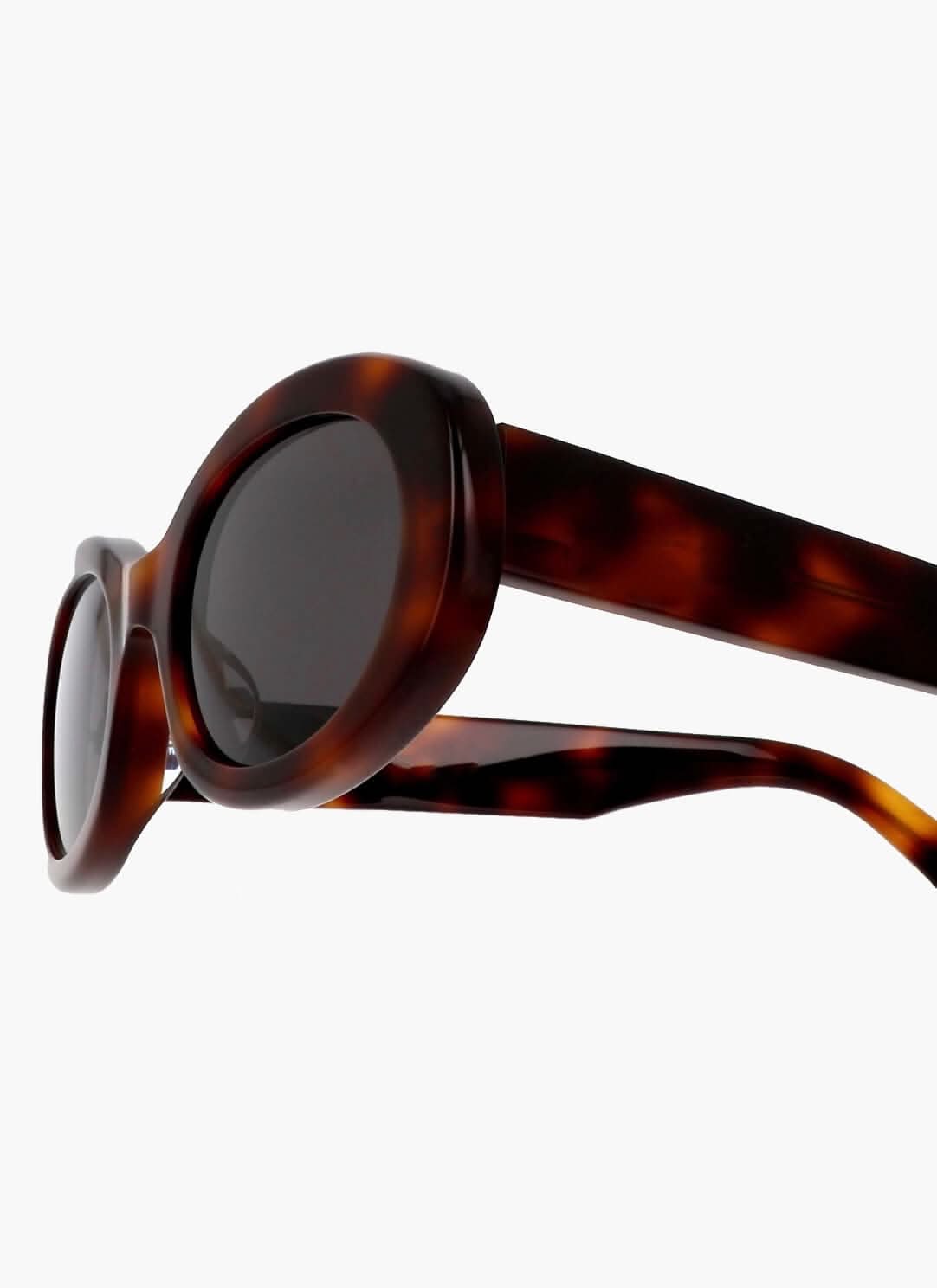 Tortoise sunglasses side view with dark oval lens and curved temple arm