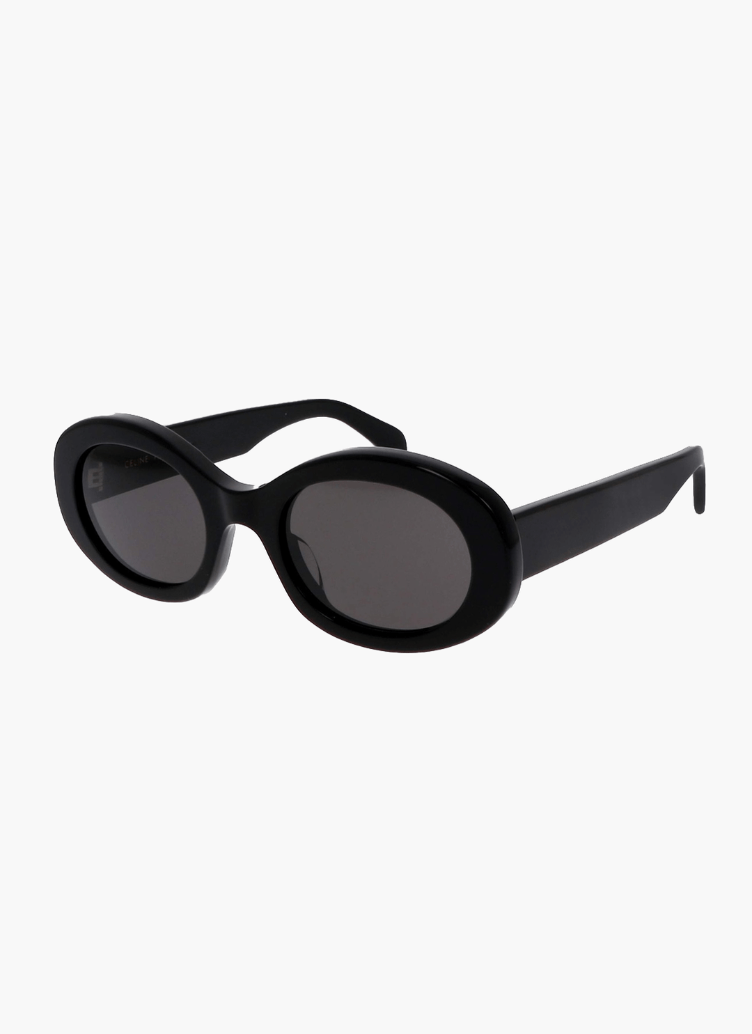 Black oval sunglasses with dark lenses, cat-eye frame and curved arms