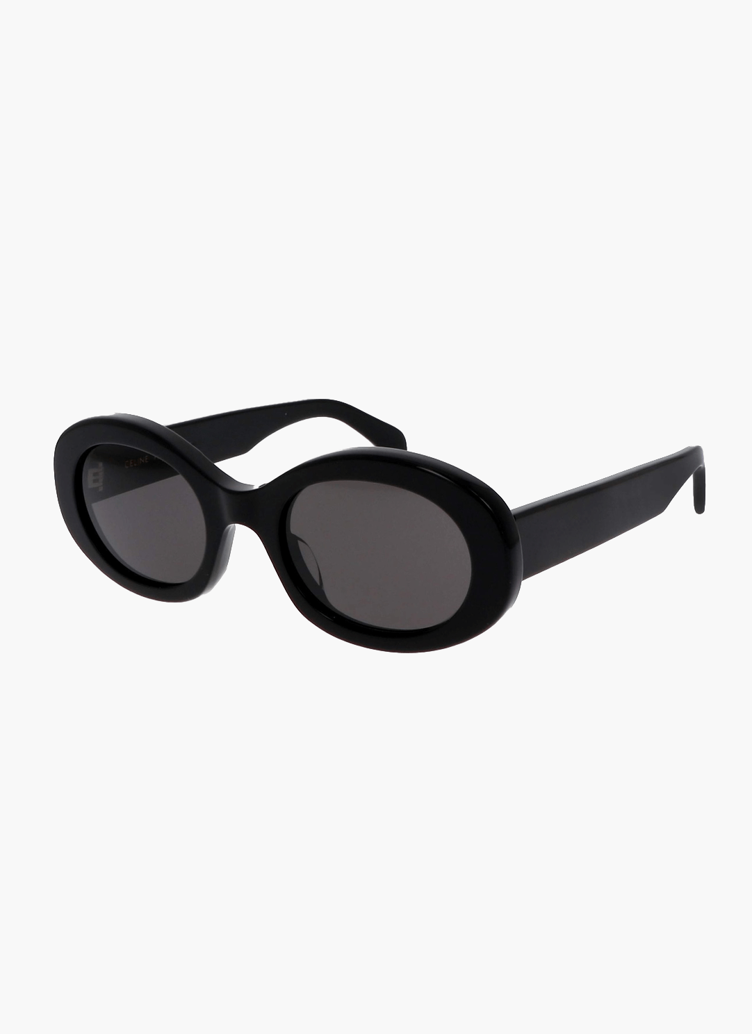 Black oval sunglasses with dark lenses, cat-eye frame and curved arms