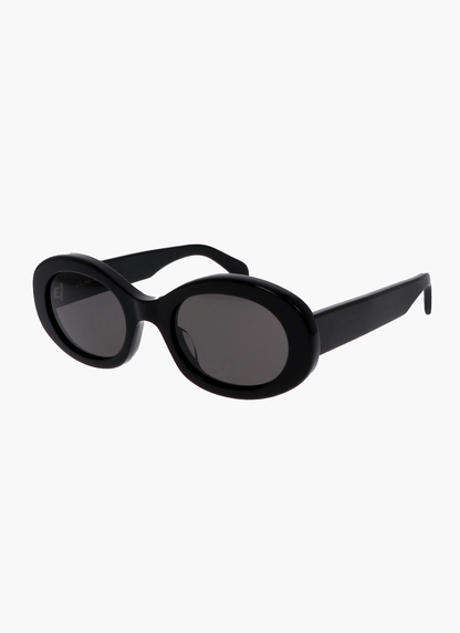 Black oval sunglasses with dark lenses, cat-eye frame and curved arms