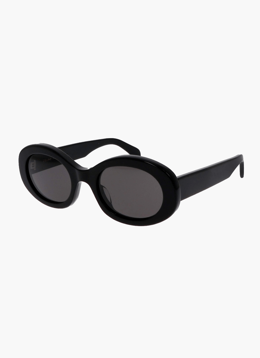 Black oval sunglasses with dark lenses, cat-eye frame and curved arms