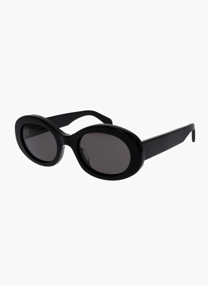 Black oval sunglasses with dark lenses, cat-eye frame and curved arms
