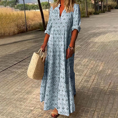 Boho maxi dress, sage green with allover leaf print, V-neck and tiered hem