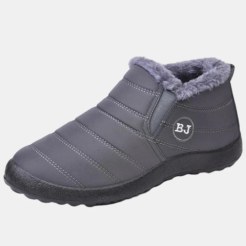 Gray waterproof winter ankle boots with gray faux-fur collar and BJ logo