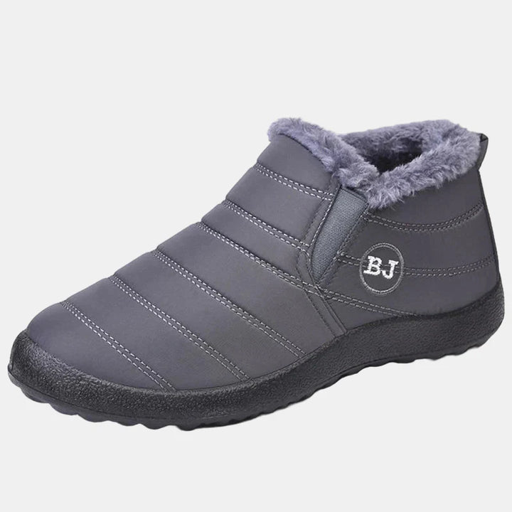 Gray waterproof winter ankle boots with gray faux-fur collar and BJ logo