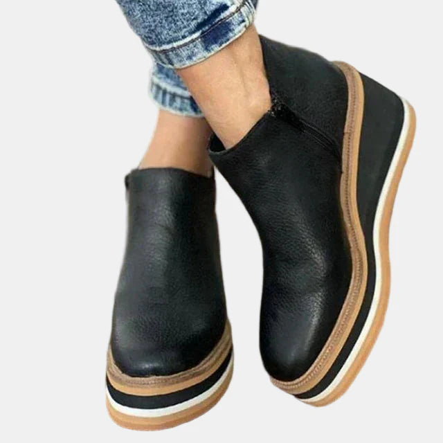 Black ankle boots with side elastic and stacked platform heel with white stripe.