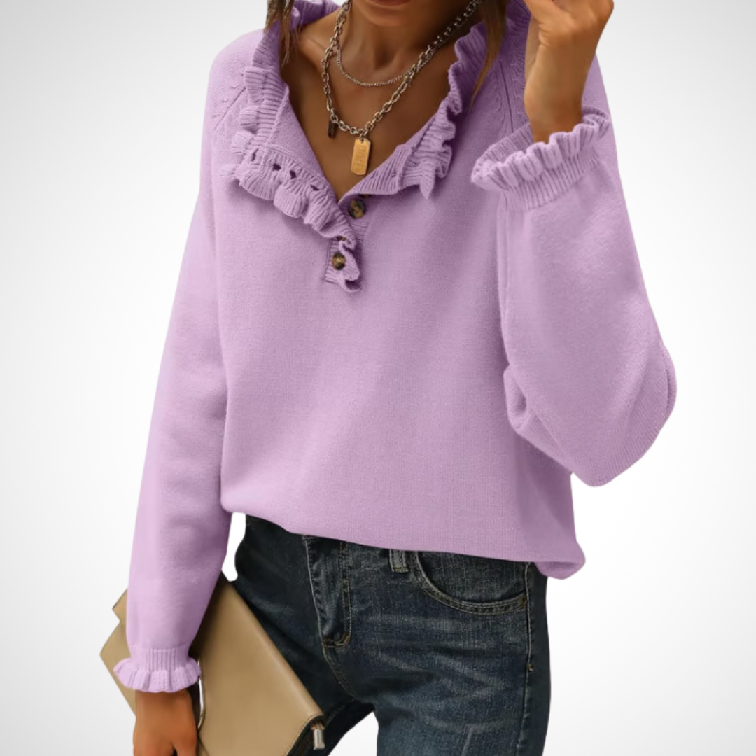Purple long-sleeve pullover sweater with half-button placket and ruffled collar.