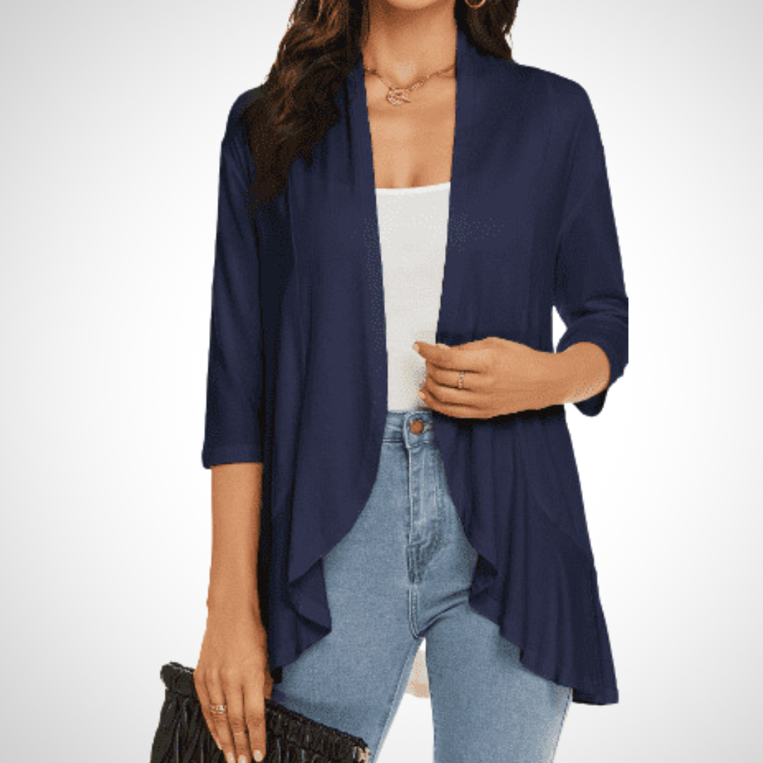 Dark blue open-front cover-up cardigan with draped hem and 3/4 sleeves