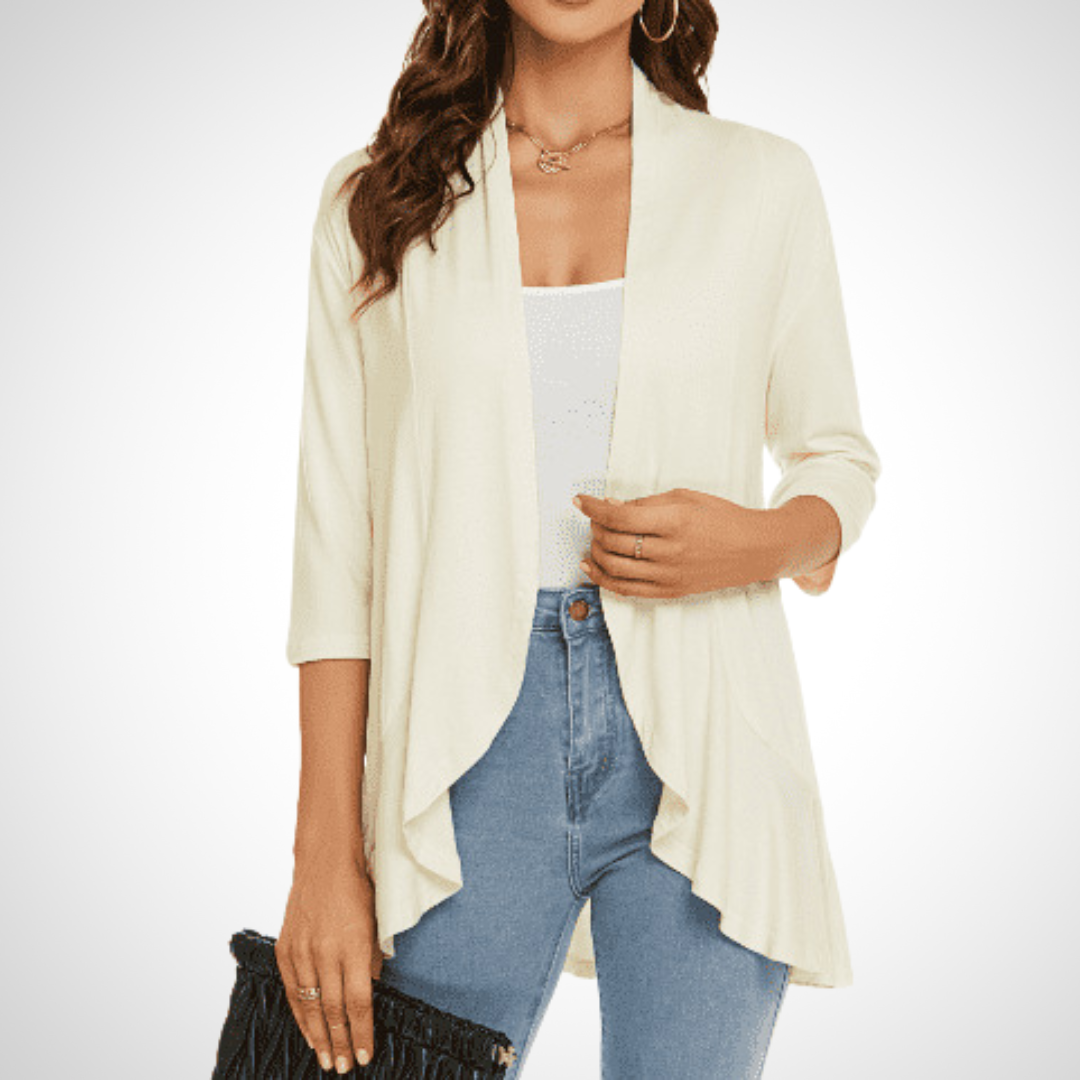 Open-front cardigan cover-up in off-white, draped front, three-quarter sleeves