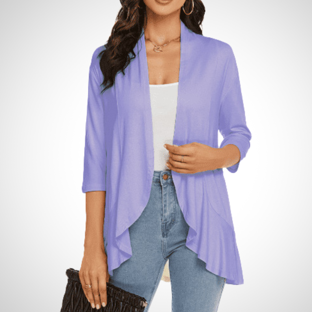 Open-front cardigan cover-up in lavender, draped front, three-quarter sleeves