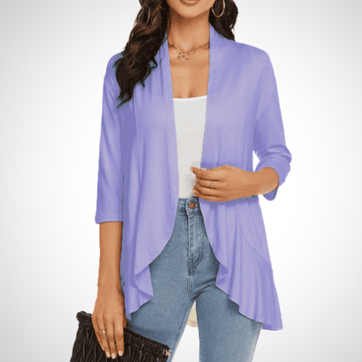 Open-front cardigan cover-up in lavender, draped front, three-quarter sleeves