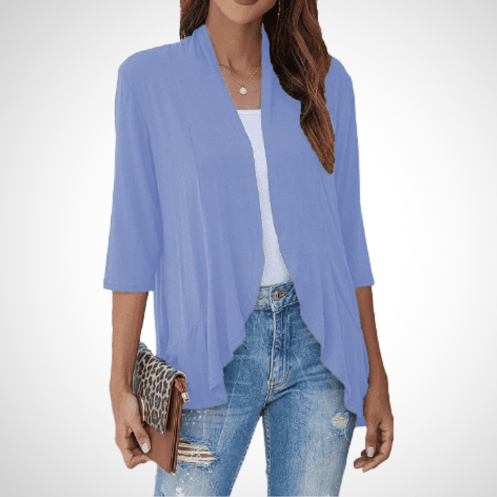 Open-front cardigan cover-up in light blue, draped front, three-quarter sleeves
