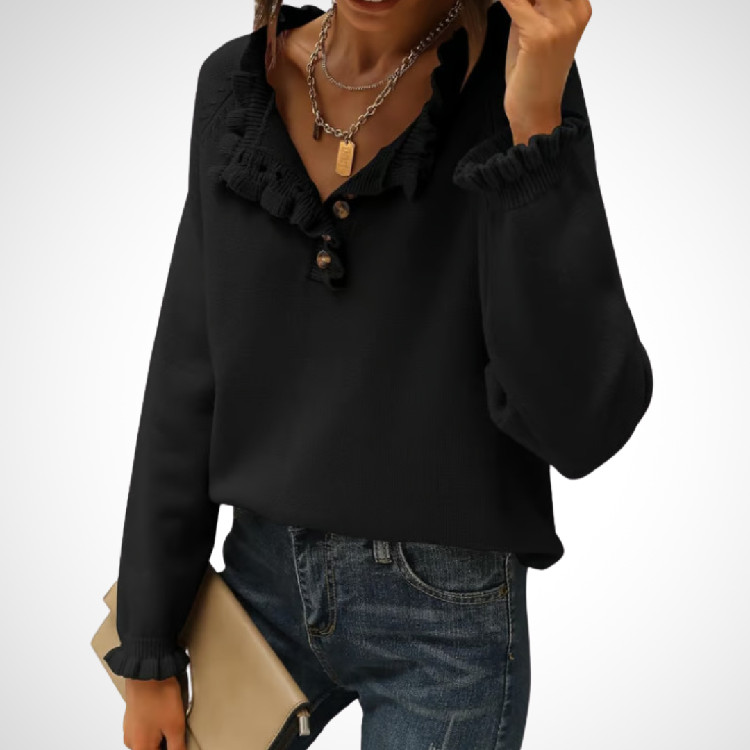 Black long-sleeve pullover sweater with half-button placket and ruffled collar