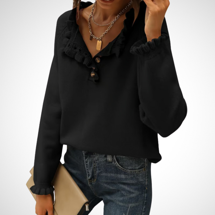 Black long-sleeve pullover sweater with half-button placket and ruffled collar