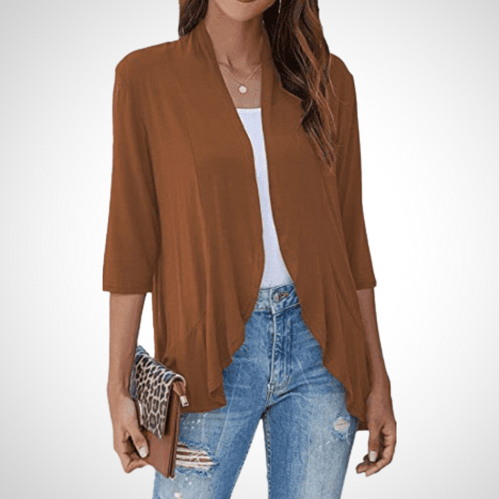 Open-front cardigan cover-up in brown, draped front, three-quarter sleeves