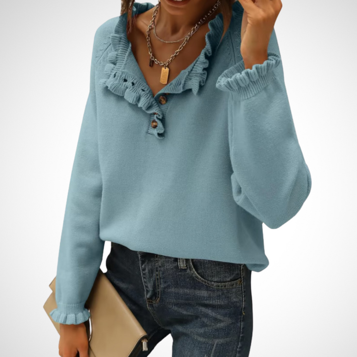 Sky blue long-sleeve pullover sweater with half-button placket and ruffled collar