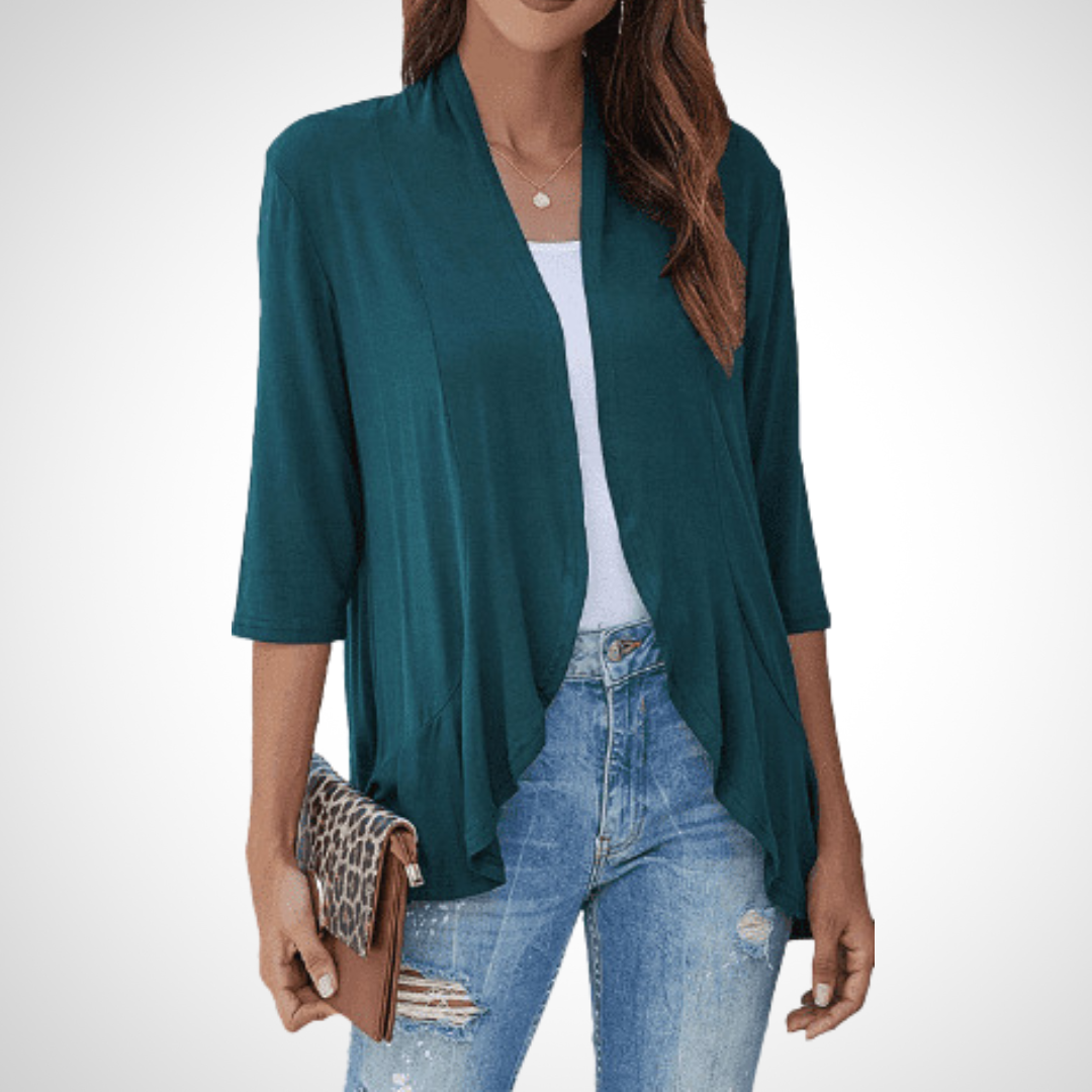 Open-front cardigan cover-up in teal, draped front, three-quarter sleeves
