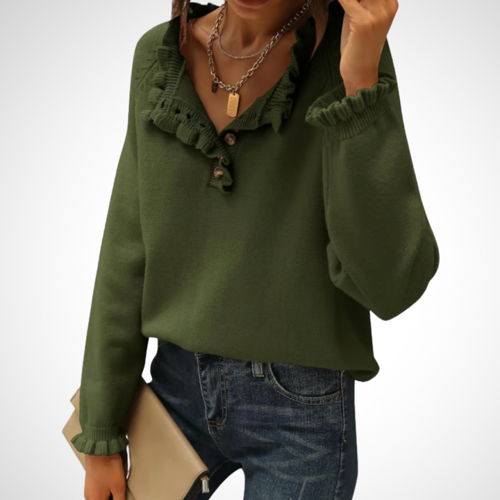 Olive green long-sleeve pullover sweater with half-button placket and ruffled collar