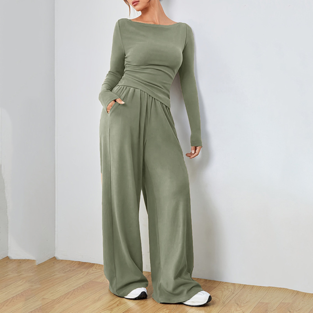 Green long-sleeve scoop-neck top and wide-leg trousers set, gathered waist