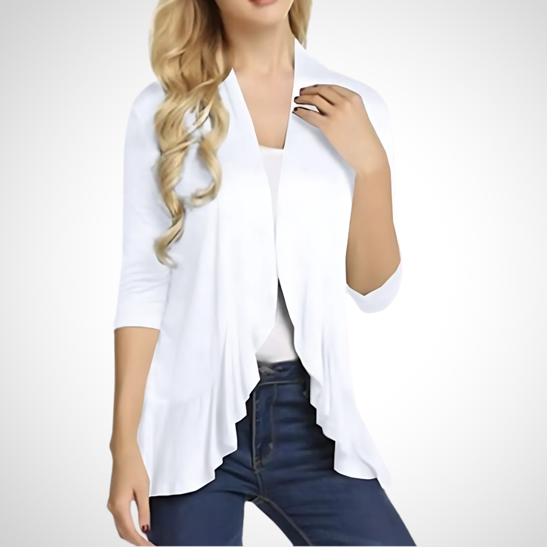 White open-front cover-up cardigan with draped hem and 3/4 sleeves