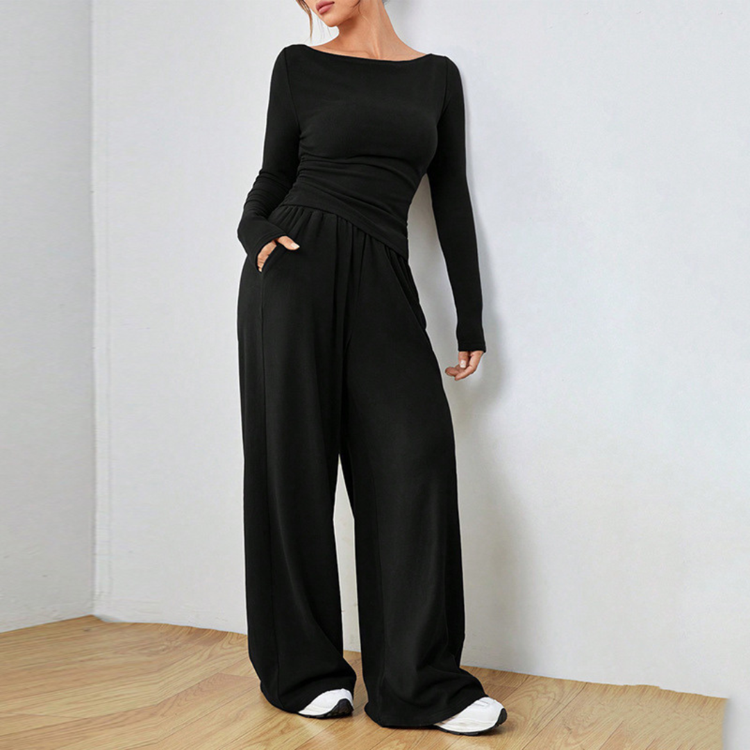 Black long-sleeve scoop-neck top and wide-leg trousers set, gathered waist