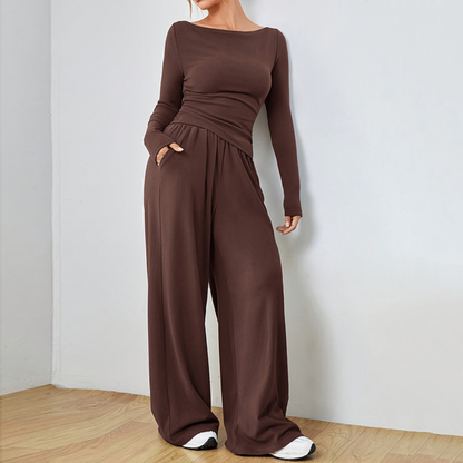 Brown long-sleeve scoop-neck top and wide-leg trousers set with ruched waistline