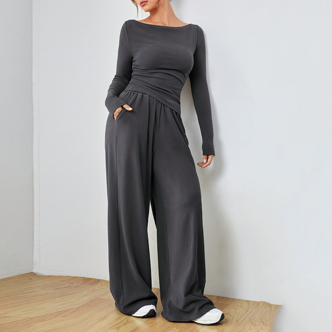 Dark gray long-sleeve scoop-neck top and wide-leg trousers set, gathered waist