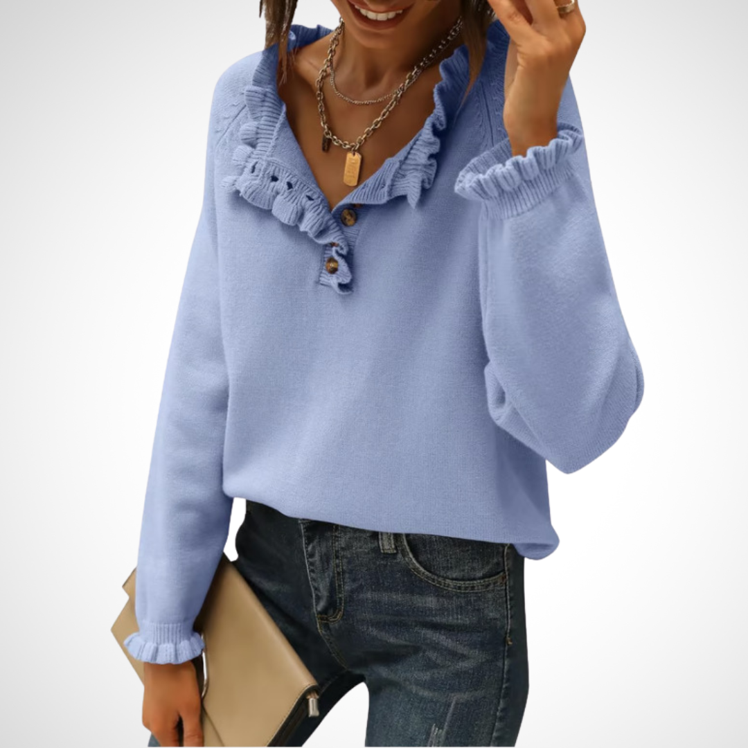Light blue long-sleeve pullover sweater with half-button placket and ruffled collar