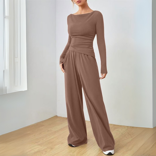 Brown long-sleeve scoop-neck top and wide-leg trousers set, gathered waist