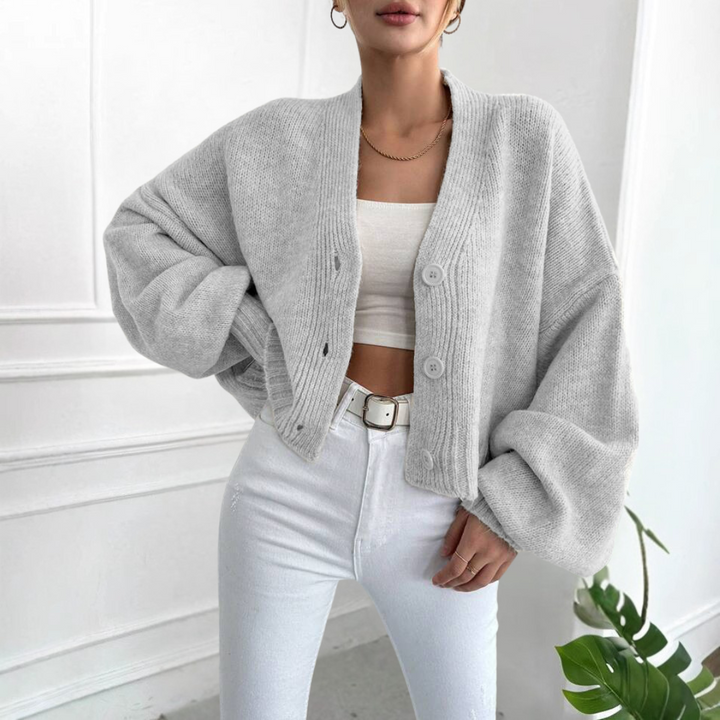 Gray casual crop cardigan with button front and lantern sleeves, ribbed knit