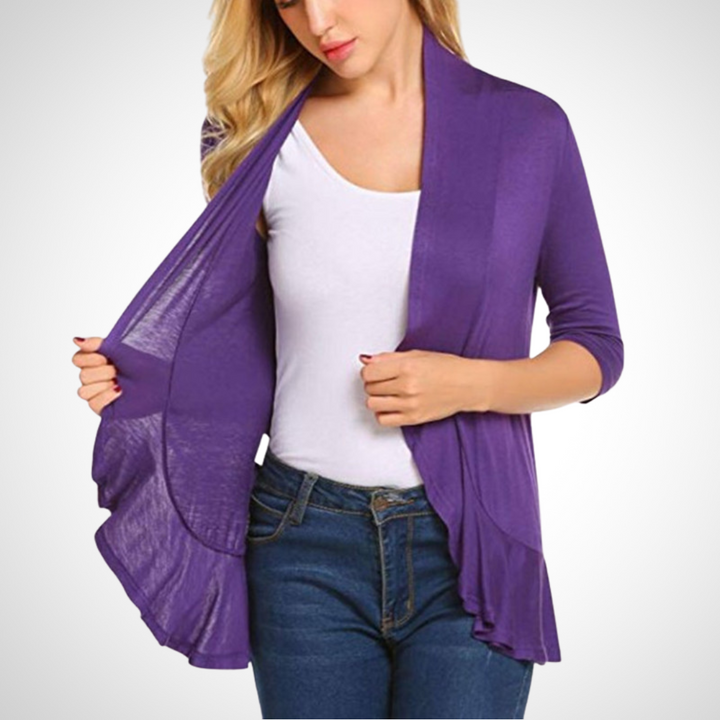 Purple open-front cover-up cardigan with draped hem and 3/4 sleeves