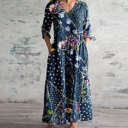 Navy patchwork maxi dress with floral motifs, V-neck and three-quarter sleeves