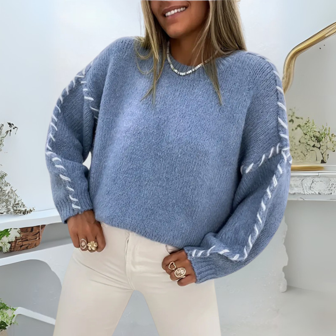 XANADU™ long sleeve round neck sweater, blue with contrast braided sleeve trim