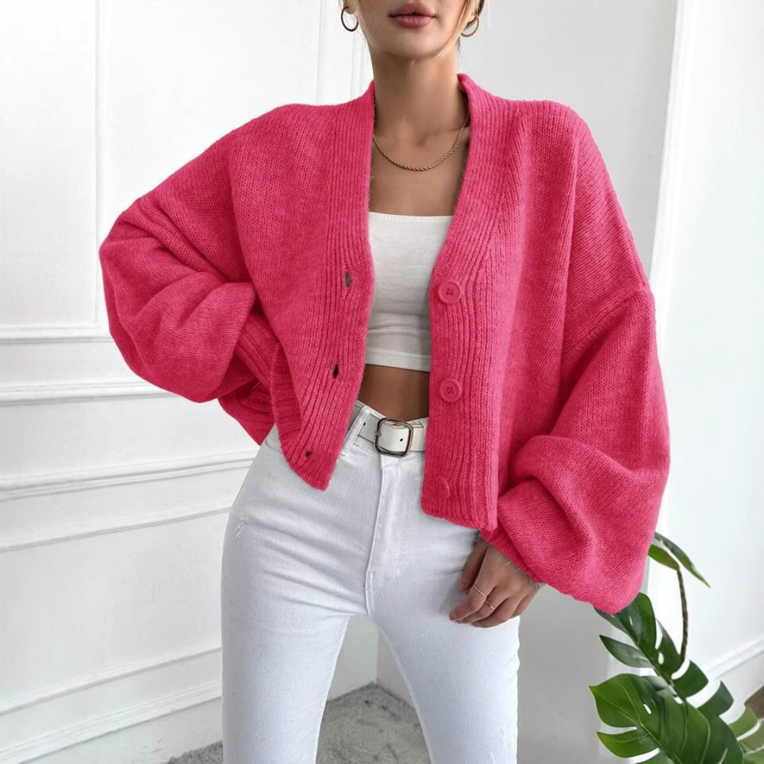 Pink casual crop cardigan with button front and lantern sleeves, ribbed knit
