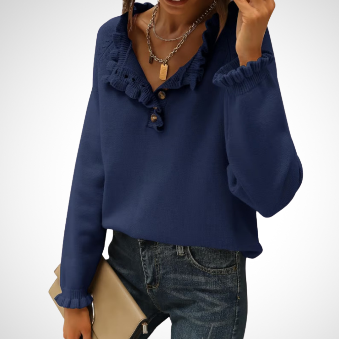 Navy blue long-sleeve pullover sweater with half-button placket and ruffled collar